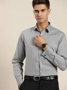Hancock Men Grey Self Design French Cuff Pure Cotton Slim Fit Formal Shirt