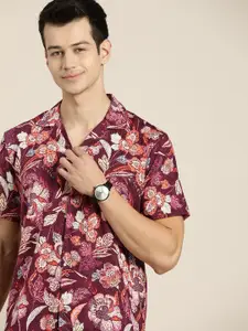 Hancock Men Burgundy & Off White Floral Printed Relaxed Fit Casual Shirt