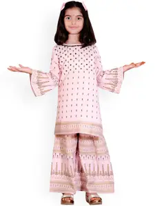 misbis Girls Cream-Coloured Floral Printed Kurti with Skirt