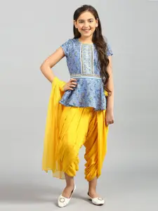 AURELIA Girls Blue & Yellow Printed Top with Dhoti Pants