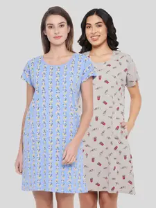 Clovia Blue & Grey Pack Of 2 Conversational Printed Pure Cotton T Shirt Nightdress