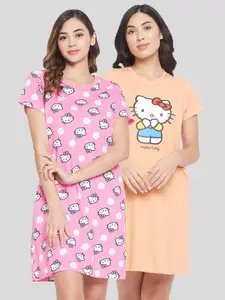 Clovia Women Pack Of 2 Peach & Pink Hello Kitty Printed Everyday Nightdress