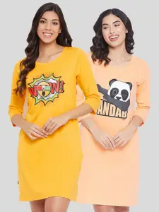 Clovia Women Pack of 2 Peach-Coloured Printed Cotton Tshirt Nightdress