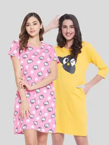 Clovia Pack of 2 Printed Cotton T-shirt Nightdresses