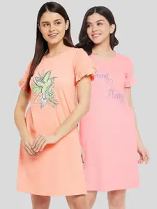 Clovia Pink & Coral Pack Of 2 Graphic Printed Pure Cotton T Shirt Nightdress