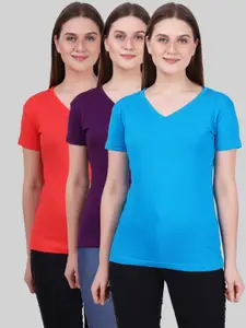 Fleximaa Women Blue & Purple Set Of 3 V-Neck Cotton T-shirt