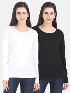 Fleximaa Women Black & White Set Of 2 Cotton T-shirt