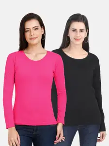 Fleximaa Women Pink & Black Set Of 2 Cotton T-shirt
