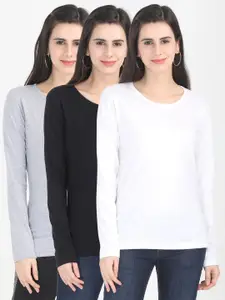 Fleximaa Women White & Black Set Of 3 Cotton T-shirt