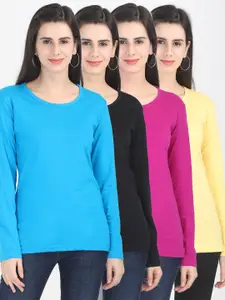 Fleximaa Women Magenta & Blue Set Of 4 Cotton T-shirt