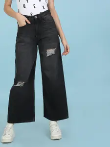 Flying Machine Women Black Wide Leg High-Rise Mildly Distressed Light Fade Stretchable Jeans
