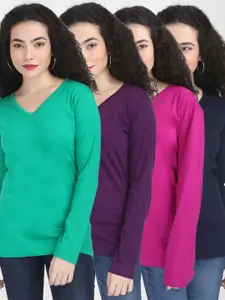 Fleximaa Women Multicoloured Set Of 4 Cotton V-Neck T-shirt