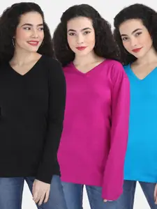 Fleximaa Women Set Of 3 Cotton V-Neck T-shirt