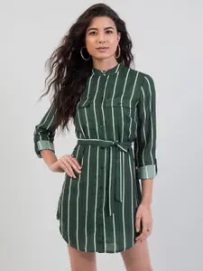 FabAlley Green Striped Georgette Shirt Mini  Dress