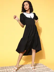 SASSAFRAS Women Classic Black Solid Zoom Friendly Collar Dress
