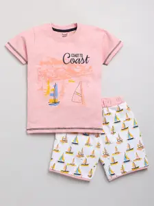 Toonyport Boys Pink & White Printed Cotton T-shirt with Shorts