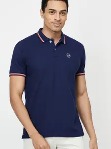 max Men Navy Blue Polo Collar Applique T-shirt
