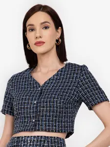 ZALORA WORK Women Black & Blue Checked Shirt Style Crop Top
