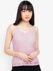 ZALORA BASICS Pink Self Design Shoulder Straps Cotton Blend Regular Tank Top