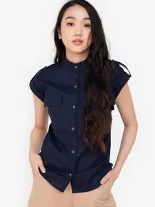 ZALORA BASICS Navy Blue Mandarin Collar Linen Shirt Style Top