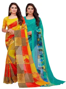 KALINI Yellow & Turquoise Blue Printed Pure Georgette Saree