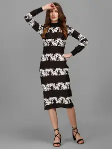 PURVAJA Black & Black Abstract Striped Sheath Midi Dress