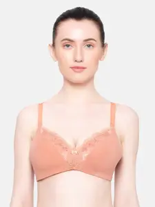 Triumph Orange Modern Lace Cotton Padded Non-Wired Seamless T-shirt Bra