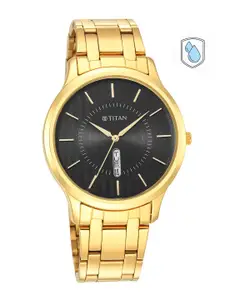 Titan Men Black Dial & Gold Toned Stainless Steel Bracelet Style Straps Analogue Watch 1825YM02