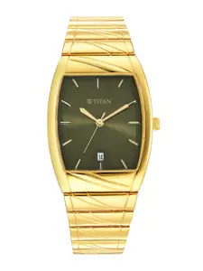 Titan Men Green Dial & Gold Toned Stainless Steel Bracelet Style Straps Analogue Watch 9315YM06