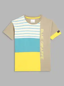 Blue Giraffe Boys Beige & Blue Striped Pure Cotton T-shirt