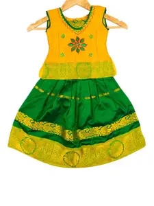 AMIRTHA FASHION Girls Gold & Green Embroidered & Woven Design Ready to Wear Lehenga  Choli
