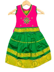 AMIRTHA FASHION Girls Pink & Green Embroidered Ready to Wear Lehenga