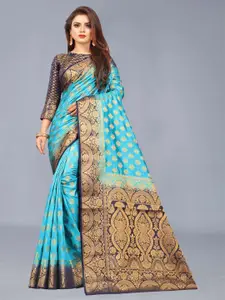 FINE WEAR Blue & Gold-Toned Woven Design Zari Silk Cotton Banarasi Saree