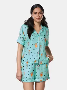 The Souled Store Women Sea Green Printed Night suit