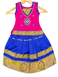 AMIRTHA FASHION Girls Pink & Blue Embroidered Ready to Wear Lehenga Choli