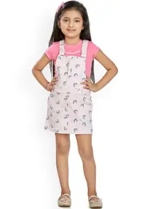 Peppermint Girls Pink Printed Dungaree With Top