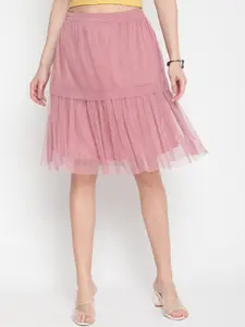 AKIMIA Women Dusty-Pink Solid Layered Knee-Length Skirt