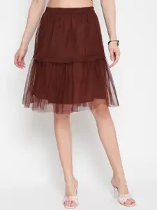 AKIMIA Women Coffee Brown Solid Layered Knee Length Skirt