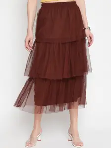 AKIMIA Women Coffee Brown Layered Midi Skirt