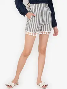 ZALORA BASICS Women White Striped High-Rise Tassel Hem Shorts
