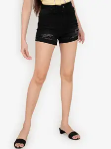 ZALORA BASICS Women Black Washed High-Rise Ripped Denim Shorts