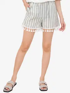 ZALORA BASICS Women White & Grey Striped Tassel Hem Shorts