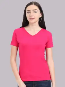 Fleximaa Women Pink V-Neck T-shirt