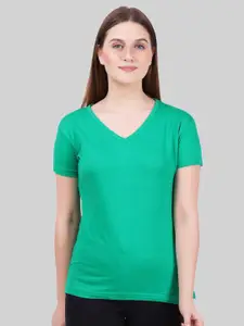 Fleximaa Women Green V-Neck T-shirt