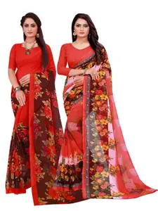 KALINI Pack of 2 Red & Maroon Floral Printed Saree