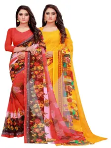KALINI Pack of 2 Red & Yellow Floral Pure Georgette Sarees