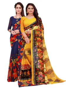 KALINI Pack of 2 Navy Blue & Yellow Floral Pure Georgette Saree