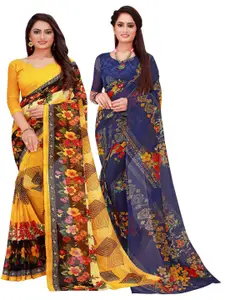 KALINI Pack Of 2 Yellow & Navy Blue Floral Pure Georgette Saree