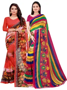 KALINI Pack of 2 Orange & Yellow Floral Pure Georgette Sarees