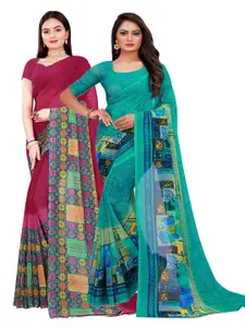 KALINI Pack of 2 Green & Pink Pure Georgette Sarees